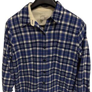 LL Bean Shirt Jacket Women Large Blue Plaid Flannel Sherpa Lined Shacket